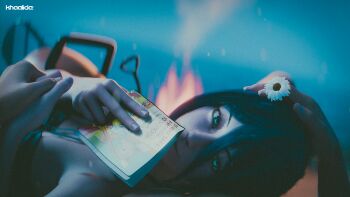 1boy 1girl 3d artist_name black_hair campfire chainsaw_man denji_(chainsaw_man) fire flower green_eyes hair_between_eyes hand_grab hand_on_another&#039;s_head highres holding holding_flower khaalida looking_at_viewer lying night on_back outdoors pochita_(chainsaw_man) reze_(chainsaw_man) smoke white_flower