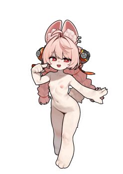 1girl absurdres animal_ears blush body_fur braid bright_pupils completely_nude flat_chest full_body furry furry_female highres loli long_hair looking_at_viewer navel nipples nude open_mouth pink_hair rabbit_ears rabbit_girl red_eyes sangobob solo standing twin_braids variant_set white_fur white_pupils zenless_zone_zero zhao_(zenless_zone_zero)