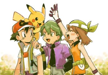 1girl 2boys :d arm_up ash_ketchum backpack bag bandana black_eyes black_gloves black_hair black_shirt blush brown_hair closed_eyes closed_mouth dress drew_(pokemon) fanny_pack gen_1_pokemon gloves green_bandana green_eyes green_hair hair_between_eyes hand_in_pocket hand_on_another&#039;s_shoulder hat highres jacket long_sleeves looking_at_another may_(pokemon) multiple_boys nintendo on_shoulder open_clothes open_jacket open_mouth orange_dress pikachu pokemon pokemon_(anime) pokemon_(creature) pokemon_dppt pokemon_journeys pokemon_on_shoulder pokemon_rse_(anime) purple_jacket red_hat shirt short_hair short_sleeves sleeveless sleeveless_dress smile twitter_username two-tone_gloves umebosibakari2 white_gloves white_shirt