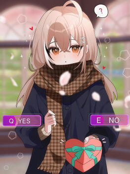 1girl :o ? absurdres ahoge alternate_costume alternate_hairstyle arched_window black_coat blurry blurry_background box brown_eyes brown_hair brown_scarf cherry_blossoms closed_mouth coat crossed_bangs dot_mouth falling_petals gift grass hair_between_eyes hair_ornament hairclip happy_valentine heart heart-shaped_box hexagon highres holding holding_gift hololive hololive_english indoors long_coat long_hair long_sleeves looking_at_viewer low_twintails multicolored_hair nanashi_mumei open_mouth petals plaid_clothes plaid_scarf pov scarf shusuchii solo sparkle spoken_question_mark streaked_hair twintails upper_body user_interface valentine virtual_youtuber water window