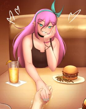 1boy 1girl :d absurdres aubrey_(faraway)_(omori) aubrey_(omori) bare_arms bare_shoulders black_camisole black_choker blue_eyes blue_hairband blue_nails blush booth_seating bow_hairband bracelet breasts bright_pupils brown_background burger cabronpr camisole choker collarbone commentary cup double-parted_bangs drinking_straw ear_piercing elbow_on_table english_commentary film_grain fingernails food french_fries fruit glass grin hair_between_eyes hairband hand_on_own_cheek hand_on_own_face hand_up heart highres holding_hands jewelry juice long_hair nail_polish no_sclera omori open_mouth orange_(fruit) orange_juice orange_slice piercing pink_hair plate pov pov_hands restaurant sidelocks simple_background sitting small_breasts smile solo_focus sunny_(omori) table trembling upper_body v-shaped_eyebrows very_long_hair white_pupils