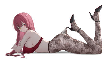 0_albusart 1girl ass black_shoes bra breasts closed_mouth commentary_request feet_up floral_print_pantyhose from_side full_body heterochromia high-waist_pantyhose hololive hooked_on_heel houshou_marine lace_pantyhose lace_pantyhose_hooked_on_heel_(meme) large_breasts long_hair looking_at_viewer lying meme no_panties on_stomach pantyhose red_bra red_eyes red_hair shoes sideboob simple_background smile solo strappy_heels the_pose underwear virtual_youtuber white_background yellow_eyes