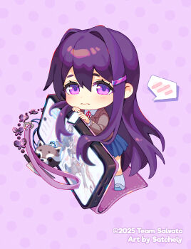 Rule 34 | 1girl, blazer, blue skirt, blush, bug, butterfly, chibi, chibi only, collared shirt, commentary, doki doki literature club, doki doki literature club school uniform, english commentary, full body, hair ornament, hairclip, highres, holding, holding phone, insect, jacket, long hair, long sidelocks, looking at viewer, neck ribbon, nervous, oversized object, phone, purple eyes, purple hair, raccoon, ribbon, satchely, school uniform, shirt, sidelocks, skirt, socks, solo, standing, white shirt, white socks, yuri (doki doki literature club)