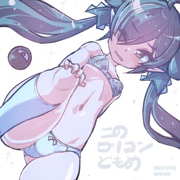 1girl ahoge backbeako_(torotei) backbeard black_hair blush bow bow_bra bow_panties bra breasts commentary_request dated dated_commentary dutch_angle eyes_visible_through_hair female_focus gegege_no_kitarou hair_over_one_eye hair_ribbon hand_on_own_knee kono_lolicon_domome loli long_hair looking_at_viewer navel one_eye_closed original paid_reward_available panties parted_lips pointy_ears red_eyes ribbon ribs simple_background small_breasts socks solo sparkle sweat torotei translated twintails underwear underwear_only watermark web_address white_background white_bra white_panties white_socks