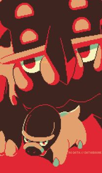 Rule 34 | animal focus, artist name, bastiodon, closed mouth, commentary, dataisgone, english commentary, gen 4 pokemon, limited palette, nintendo, no humans, nostrils, open mouth, pixel art, pokemon, pokemon (creature), pokemon focus, red background, shieldon