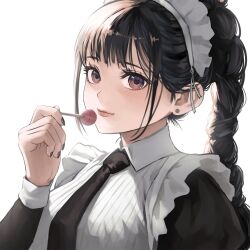 Rule 34 | 1girl, black dress, black nails, black necktie, blush, braid, breasts, brown eyes, candy, closed mouth, dress, earrings, food, hand up, highres, holding, holding candy, holding food, holding lollipop, jchoy, jewelry, juliet sleeves, lollipop, long hair, long sleeves, looking at viewer, maid, maid headdress, medium breasts, nail polish, necktie, original, puffy sleeves, simple background, smile, solo, stud earrings, white background