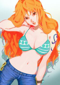 Rule 34 | 1girl, absurdres, arm tattoo, bikini, bikini top only, closed mouth, commentary, cowboy shot, denim, highres, jeans, log pose, long hair, midriff, nami (one piece), navel, nina o0o0, official art, one piece, one piece card game, orange eyes, orange hair, pants, shadow, solo, swimsuit, tattoo