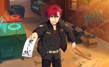 Rule 34 | 1boy, belt, black pants, black shirt, bottle, box, breast pocket, buttons, chain, clenched hand, collared shirt, commentary, cowboy shot, dress shirt, ear cuffs, english commentary, fingernails, floating clothes, game cg, graffiti, green eyes, happy elements, helios rising heroes, highres, holding, holding paper, layered clothes, long sleeves, looking at viewer, male focus, official art, open clothes, open mouth, open shirt, otori akira, outdoors, pants, paper, pocket, red hair, red shirt, shirt, short hair, solo, star (symbol), teeth, third-party source, trash bag, window