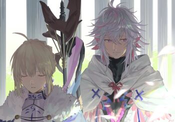 1boy 1girl ahoge armor artoria_pendragon_(fate) blonde_hair cape cloak closed_eyes closed_mouth expressionless facing_ahead fate/grand_order fate_(series) flower fur-trimmed_cape fur_trim hair_flower hair_ornament hashtag-only_commentary hood hooded_cloak looking_to_the_side medium_hair merlin_(fate) parted_lips purple_eyes red_ribbon ribbon saber_(fate) shiro_(siro_kuten) short_hair sidelighting sidelocks sideways_glance smirk staff upper_body