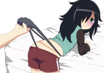 1boy 1girl ahoge ass ass_peek back bags_under_eyes bed bed_sheet bedroom bent_over black_hair blue_panties blue_shirt blush breasts bullying butt_crack clenched_hand clenched_hands clothes_lift clothes_pull clutching_bed_sheet dot_nose embarrassed faceless faceless_male feet_out_of_frame flat_chest from_behind giving_wedgie green_eyes green_shirt green_sleeves gym_shorts hair_between_eyes hair_over_one_eye hands_on_bed height_difference helpless holding holding_panties holding_underwear holding_unworn_clothes humiliation indoors kuroki_tomoko lifting_another's_clothes long_hair long_sleeves looking_back looking_to_the_side messy_hair nervous pale_skin panties panty_lift panty_pull petite pinkuinos red_shorts scared shadow shirt shirt_lift shorts shorts_lift shorts_pull shy sidelocks simple_background small_breasts solo solo_focus swept_bangs thighs two-tone_shirt underwear waistband watashi_ga_motenai_no_wa_dou_kangaetemo_omaera_ga_warui! wavy_mouth wedgie white_background worried