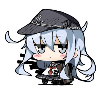1girl anchor_symbol black_pantyhose black_sailor_collar black_skirt blush chibi chibi_only closed_mouth flat_cap grey_eyes grey_hair hair_between_eyes hat hibiki_(kancolle) kantai_collection long_hair long_sleeves looking_at_viewer neckerchief pantyhose pleated_skirt red_neckerchief rigging sailor_collar school_uniform serafuku simple_background skirt solo standing white_background yagumo_kengou