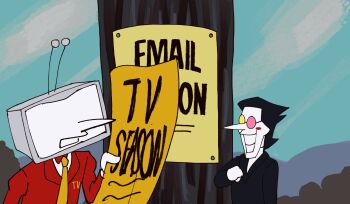 2boys animated animated_gif ant_tenna black_hair deltarune glasses heterochromatic_eyewear highres long_sleeves looney_tunes male_focus multiple_boys necktie object_head peachducy rabbit_seasoning scene_reference sign smile spamton_g._spamton tinted_eyewear utdr_(toby_fox) yellow_necktie