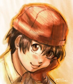 1girl beanie black_hair collared_shirt gintoeki hand_on_own_face hat highres izumo_fuuko portrait red_eyes shirt short_hair undead_unluck white_shirt