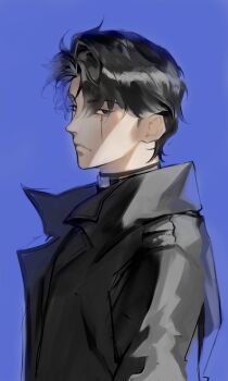 1boy absurdres bags_under_eyes black_coat black_eyes black_hair black_shirt coat exhausted expressionless from_side high_collar highres logicsterrr looking_at_viewer male_focus omniscient_reader&#039;s_viewpoint open_clothes open_coat popped_collar scar scar_across_eye scar_on_face shirt short_hair solo upper_body yoo_joonghyuk