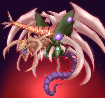 absurdres android artist_request cyberdarkness_dragon duel_monster floating flying full_body glowing glowing_eyes gradient_background highres horns machine mechanical_wings sharp_teeth teeth wings yu-gi-oh!