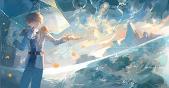 1boy absurdres ascot balloon blonde_hair blue_eyes building epaulettes hand_up highres holding holding_umbrella liulianjingrua long_sleeves looking_at_viewer male_focus military_uniform original outdoors pants petals short_hair sky solo standing umbrella water white_pants