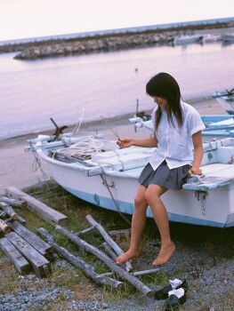 Rule 34 | 1girl, asian, bare legs, barefoot, boat, cosplay, feet, female focus, grass, kawamura yuki, loafers, long hair, ocean, outdoors, photo (medium), pleated skirt, school uniform, shoes, skirt, socks, solo, toes, watercraft