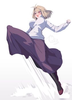 1girl :d antenna_hair arcueid_brunestud black_pantyhose blonde_hair blush breasts bulge clenched_hand commentary_request dust_cloud erection erection_under_clothes full_body futanari gigantic_penis hair_between_eyes hair_intakes highres jumping large_breasts long_skirt long_sleeves melty_blood_arcueid_figure_(meme) meme open_mouth pantyhose penis purple_skirt red_eyes shoes short_hair signature simple_background skirt smile solo sweater tsukihime turtleneck turtleneck_sweater white_background white_sweater yana_(nekoarashi)