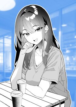 1girl :d absurdres arm_under_breasts blue_background blurry blurry_background blush breasts cleavage collarbone commentary_request cup disposable_coffee_cup disposable_cup earrings greyscale_with_colored_background hair_intakes highres jewelry large_breasts long_hair looking_at_viewer maika_(ogata) mole mole_under_eye ogata_(ogt_illust) open_mouth original shirt short_sleeves smile solo stud_earrings t-shirt table textless_version