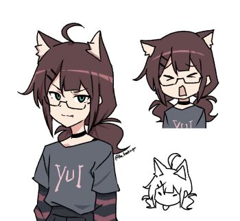 >_< 1girl animal_ear_fluff animal_ears artist_self-insert black_choker cat_boy cat_ears choker closed_mouth fang glasses green_eyes grey_shirt hair_ornament hairclip highres long_hair looking_at_viewer multiple_views open_mouth original print_shirt purple_hair shirt the_freakin_yui trap yui_(the_freakin_yui)