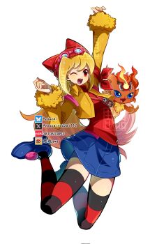 Rule 34 | 1girl, arm ribbon, blonde hair, blue shoes, bluesky username, coronamon, creature, cropped jacket, denim, denim skirt, digimon, digimon story: sunburst and moonlight, full body, highres, long hair, miniskirt, one eye closed, red eyes, red ribbon, red shirt, ribbon, sayo (digimon), shirt, shoes, skirt, striped clothes, striped thighhighs, tagme, thighhighs, transparent background, twitter username, very long hair, youzaiyouzai112, zettai ryouiki