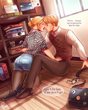 Rule 34 | 1boy, 1girl, annie leonhart, armin arlert, blonde hair, english text, closed eyes, glasses, hand on crotch, highres, imminent kiss, lipstick, makeup, on floor, pyar, shingeki no kyojin, sitting, speech bubble, sweater vest