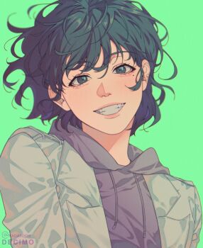 1girl :d aegyo_sal black_eyes black_hair green_theme grey_jacket hair_between_eyes han_sooyoung hashtag-only_commentary highres hood hood_down hoodie jacket looking_at_viewer messy_hair mole mole_under_eye nadardoh omniscient_reader&#039;s_viewpoint open_clothes open_jacket open_mouth purple_hoodie short_hair sidelocks smile solo upper_body wind