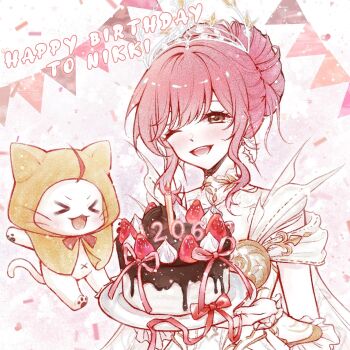 Rule 34 | > <, 1girl, ahoge, animal, armor, birthday, birthday cake, bow, bowtie, breastplate, brown eyes, cake, candle, cape, cat, character name, cloak, clothed animal, clothing cutout, collar, commentary, confetti, cyfrost, dated, detached collar, dot nose, dress, ear covers, earrings, english commentary, english text, eyelashes, fire, food, frilled arm warmers, fruit, garland (decoration), hair bun, happy birthday, highres, holding, holding plate, hood, hood up, hooded cloak, infinity nikki, jewelry, lace collar, light blush, light particles, looking at viewer, melody bloom (infinity nikki), momo (nikki), navel, nikki (nikki), nikki (series), number candle, one eye closed, open mouth, outline, outstretched arms, pawpads, pink background, pink hair, pink ribbon, plate, red bow, red bowtie, ribbon, short hair with long locks, short sleeves, shoulder cutout, sidelocks, single hair bun, smile, strawberry, teeth, tiara, two-tone background, upper body, wavy hair, whiskers, white arm warmers, white background, white cape, white cat, white collar, white dress, white outline, yellow cloak