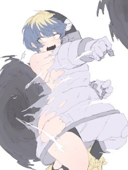 1girl accidental_exposure black_hole black_socks blonde_hair blue_hair boku_no_hero_academia breasts dissolving_clothes ginjaeru gloves highres large_breasts multicolored_hair shoes short_hair socks solo spacesuit thirteen_(boku_no_hero_academia) torn_clothes yellow_eyes yellow_shoes