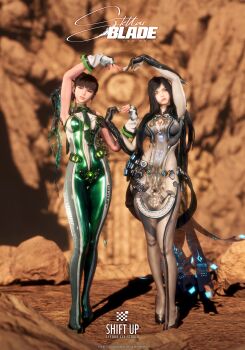 2girls 3d absurdres black_hair blue_eyes blunt_bangs bodysuit breasts brown_eyes cleavage cleavage_cutout clothing_cutout copyright_name eve_(stellar_blade) female_focus fingerless_gloves full_body gloves green_bodysuit green_necktie grey_bodysuit heart heart_arms heart_arms_duo heart_hands heart_hands_duo highres multicolored_bodysuit multiple_girls necktie official_art official_wallpaper planet_diving_suit_(7th)_(stellar_blade) pout raven_(stellar_blade) raven_suit_(stellar_blade) skin_tight stellar_blade swept_bangs