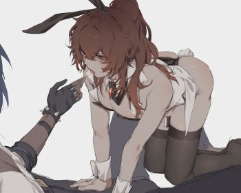 2boys all_fours animal_ears ass black_gloves black_thighhighs blue_hair crossdressing crossdressing_(mtf) dark-skinned_male dark_skin detached_collar diluc_(genshin_impact) fake_animal_ears genshin_impact gloves hair_between_eyes highres inseki kaeya_(genshin_impact) long_hair male_focus male_playboy_bunny multiple_boys partially_fingerless_gloves ponytail rabbit_ears rabbit_tail red_eyes red_hair saliva saliva_trail simple_background tail thighhighs thighs tongue tongue_out white_background wrist_cuffs yaoi zehuij