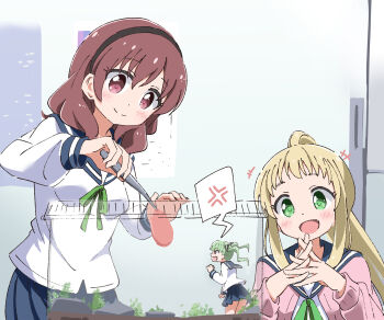 3girls anger_vein blonde_hair blue_skirt commission cynical_(llcbluckg_c004) forceps green_eyes green_hair highres ibe_sayuri inose_mai interlocked_fingers koisuru_asteroid light_blush light_smile mini_person minigirl multiple_girls open_mouth pixiv_commission pleated_skirt ponytail school_uniform serafuku skirt smile terrarium tweezers twintails white_serafuku