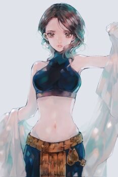 1girl bad_id bad_twitter_id breasts brown_eyes celia closed_mouth crop_top dancer final_fantasy final_fantasy_tactics highres long_hair looking_at_viewer medium_breasts midriff navel nyonyo_suite orange_hair sideboob smile solo upper_body