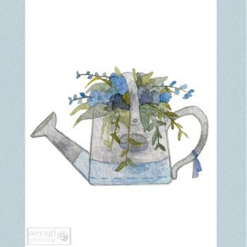 aoyagi874 artist_name blue_border border bouquet bow commentary_request flower highres leaf no_humans original painting_(medium) plant ribbon simple_background traditional_media vines watercolor_(medium) watering_can watermark white_background