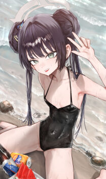 1girl armpits b4mbo0 blue_archive breasts green_eyes groin hair_bun halo highres kisaki_(blue_archive) loli long_hair ocean off_shoulder seaside small_breasts smile spread_legs swimsuit thighs v