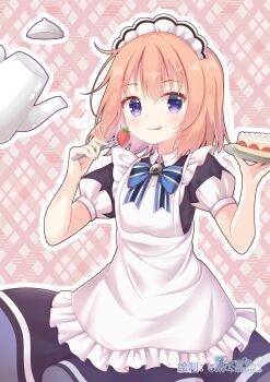 Rule 34 | 1girl, :p, absurdres, alternate costume, apron, black dress, blue bow, blue bowtie, blush, bow, bowtie, cake, cake slice, closed mouth, commentary, cowboy shot, dress, dual wielding, enmaided, food, fork, frilled apron, frills, fruit, gochuumon wa usagi desu ka?, hair between eyes, hands up, highres, holding, holding fork, hoto cocoa, kk0220, licking lips, looking at viewer, maid, maid apron, maid headdress, medium hair, orange hair, outline, pink background, puffy short sleeves, puffy sleeves, purple eyes, short sleeves, simple background, smile, solo, strawberry, striped bow, striped bowtie, striped clothes, teapot, tongue, tongue out, white apron, white outline