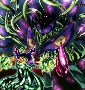 algomon algomon_child algomon_perfect artist_request creature creepy digimon digimon_(creature) digimon_adventure:_(2020) electricity evolution multiple_eyes shaded_face standing tentacles yellow_eyes