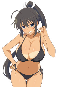 1girl absurdres ahoge bikini bikini_pull bikini_tan black_bikini clenched_teeth clothes_pull commentary_request covered_erect_nipples curvy dark-skinned_female dark_skin gluteal_fold hand_on_own_hip high_ponytail highres homura_(senran_kagura) looking_at_viewer manjou_(q_tiwj) ponytail ribbon senran_kagura shiny_skin smile solo swimsuit tan tanline teeth thong thong_bikini white_ribbon wide_hips