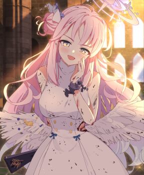 1girl :d arm_behind_back backlighting black_scrunchie blood blood_on_arm blue_archive blue_bow blunt_bangs blurry blurry_background blush bow breasts bright_pupils buttons commentary_request cowboy_shot day dirty dirty_arm dirty_clothes double-breasted dress dress_bow feathered_wings floating_hair flower gun hair_bun hair_flower hair_ornament halo hand_up head_tilt highres holding holding_gun holding_weapon holy-san_(makuu) indoors large_breasts long_hair looking_at_viewer low_wings mika_(blue_archive) open_mouth pink_hair pink_halo purple_flower scar scar_on_arm scar_on_stomach scrunchie sidelocks single_side_bun sleeveless sleeveless_dress smile smug solo sparkle story_in_commentary sunlight torn_clothes torn_dress trinity_general_school_logo v-shaped_eyebrows very_long_hair weapon white_dress white_pupils white_wings window wings wrist_scrunchie yellow_eyes