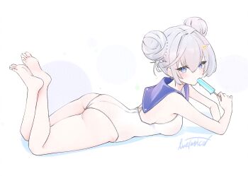 Rule 34 | 1girl, ass, azur lane, blue eyes, blush, breasts, commentary, double bun, food, grey hair, hair bun, hair ornament, hairclip, highres, holding, holding food, holding popsicle, jade (a lick of summer) (azur lane), jade (azur lane), livetarica, looking at viewer, lying, medium breasts, official alternate costume, on stomach, one-piece swimsuit, popsicle, sailor collar, sailor one-piece swimsuit, simple background, solo, swimsuit, thighs, toes, white background, white one-piece swimsuit