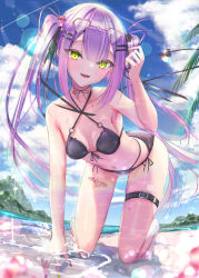 Rule 34 | 1girl, absurdres, beach, bikini, black bikini, breasts, cloud, commentary request, criss-cross halter, demon girl, demon tail, eyewear on head, fangs, gradient background, green eyes, halterneck, heart, heart-shaped eyewear, highres, hololive, infy, leg tattoo, long hair, looking at viewer, nail polish, navel, open mouth, outdoors, pink hair, purple hair, sky, small breasts, solo, sunglasses, swimsuit, tail, tattoo, thigh strap, tokoyami towa, twintails, virtual youtuber, water