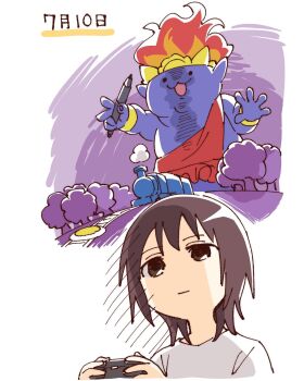 1girl :3 :d brown_eyes brown_hair character_request closed_mouth controller cropped_torso funami_yui game_controller hashtag-only_commentary highres holding holding_controller holding_game_controller namori open_mouth shirt short_hair simple_background smile train translation_request white_background white_shirt yuruyuri