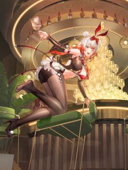 1girl _hair alcohol animal_ears ass atdan bar_(place) barefoot bottle bow breasts bubu_(snowbreak) chair clothing_cutout counter cup detached_sleeves double_bun drinking_glass fake_animal_ears fern gradient_hair grey_eyes hair_bow hair_bun hair_ribbon high_heels highres indoors kneeling large_breasts leaning_forward leg_up long_hair low_twintails multicolored_hair navel off_shoulder pantyhose playboy_bunny rabbit_ears ribbon snowbreak:_containment_zone solo twintails two-tone_hair wine_bottle wine_glass