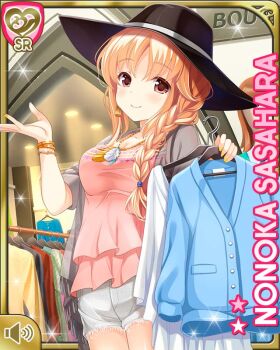 1girl bow breasts brown_eyes card_(medium) closed_mouth day girlfriend_(kari) grey_jacket holding indoors jacket large_breasts light_brown_hair long_hair looking_at_viewer official_art pink_shirt qp:flapper sasahara_nonoka shirt shorts smile standing store tagme white_shorts