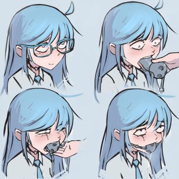 1girl absurdres bdsm blue_eyes blue_glasses blue_necktie dildo_gag drooling fellatio gag glasses heart-shaped_choker highres long_hair makeup necktie nradiowave one_eye_closed oral original runny_makeup saliva sequential shirt simulated_fellatio solo_focus tongue tongue_out