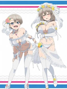 2girls :d blue_eyes blush breasts bridal_gauntlets bridal_lingerie bridal_veil bride choker closed_eyes clothing_cutout copyright_name elbow_gloves female_focus flower frilled_thigh_strap gloves grey_hair hair_over_shoulder heart_cutout high_heels highres jewelry large_breasts leaning_forward lingerie long_hair mother_and_child mother_and_daughter multi-strapped_panties multiple_girls navel necklace open_mouth panties parent_and_child ponytail red_flower revealing_clothes rose shiny_skin short_hair smile thigh_strap thighhighs underwear uzaki-chan_wa_asobitai! uzaki_hana uzaki_tsuki veil white_choker white_flower white_gloves white_panties white_thighhighs yellow_flower