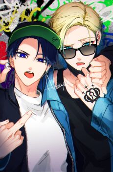 2boys artist_name bad_id bad_twitter_id baseball_cap blonde_hair blue_eyes blue_hair blue_lock eyeshadow fingernails graffiti hand_tattoo hands_up hat highres isagi_yoichi jacket looking_at_viewer makeup male_focus mask michael_kaiser middle_finger mouth_mask multiple_boys ntea94 open_clothes open_jacket red_eyeshadow shirt sunglasses tattoo teeth thumbs_down tongue tongue_out upper_body upper_teeth_only white_shirt wireless_earphones zipper