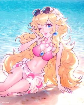 1girl artist_name bare_arms bare_shoulders beach bikini blonde_hair blue_eyes breasts cleavage earrings eyewear_on_head feet_out_of_frame flower flower_necklace hair_flower hair_ornament hand_in_own_hair highres jewelry large_breasts legs lei lily_(flower) long_hair looking_at_viewer mario_(series) midriff mong_(mong_milo) nail_polish navel necklace nintendo ocean one_eye_closed pink_bikini pink_nails pink_sarong princess_peach sarong sitting smile solo sunglasses swimsuit thighs wavy_hair white_flower