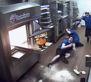 1girl 3boys ai-generated_art_(topic) ai-generated_background black_eyes blonde_hair broken_plate clutching_head domino&#039;s_pizza_ai_images_(meme) employee_uniform flour food hashtag-only_commentary hat highres hololive hololive_english indoors kitchen meme multiple_boys on_food oven phdpigeon pizza plate pumpkin_costume scared short_hair smile smol_ame solid_circle_eyes solo tall_hat tile_floor tiles virtual_youtuber watson_amelia witch_hat