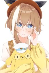 Rule 34 | 1girl, 1other, :3, absurdres, adjusting eyewear, alternate costume, animal ears, beret, blue eyes, blush, brown hair, cheval grand (umamusume), closed mouth, commentary request, glasses, hat, highres, holding, horse ears, horse girl, looking at viewer, pompompurin, rbxlaifjzlilxep, sanrio, smile, umamusume, white background